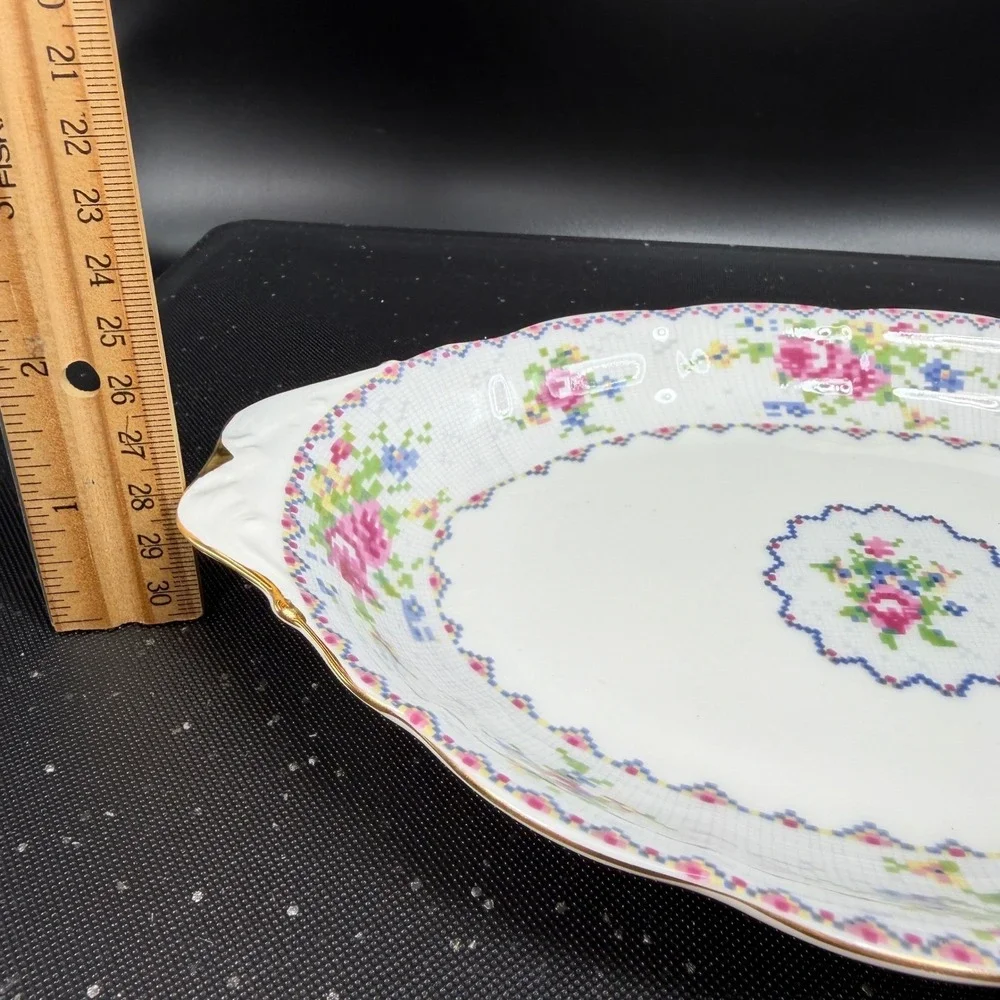 Royal Albert Petit Point China Oval Serving Platter Floral Gold Trim England 10